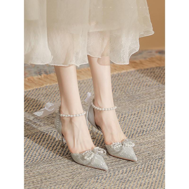 Luxury Pearl Crystal Bowtie Silver Wedding Shoes Women 2024 Spring Brand Designer High Heels Pumps Woman Thin Heeled Party Shoes
