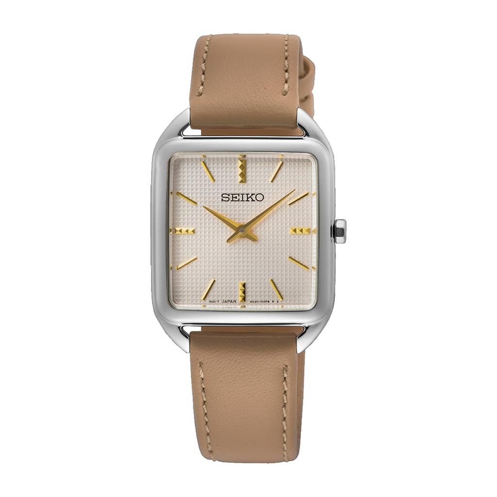 SEIKO кварцевые наручные часы женские квадратный дизайн SWR089P1 серебристый бежевый кожаный ремешок