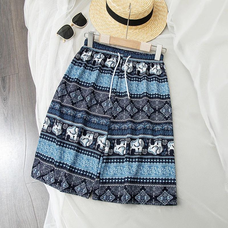 Elephant Pants Shorts Adjustable Elastic High Waistband Strap Rope Women Print Thailand Casual Streetwear Beach Bohemian Retro Vintage Boho