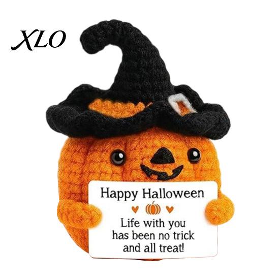 Halloween Crochet Pumpkin Decor Handmade Positive with Witch Hat, Fall Boo Basket Stuffer, Cozy Autumn Home Accents Mini Knitted Plush Figurine,