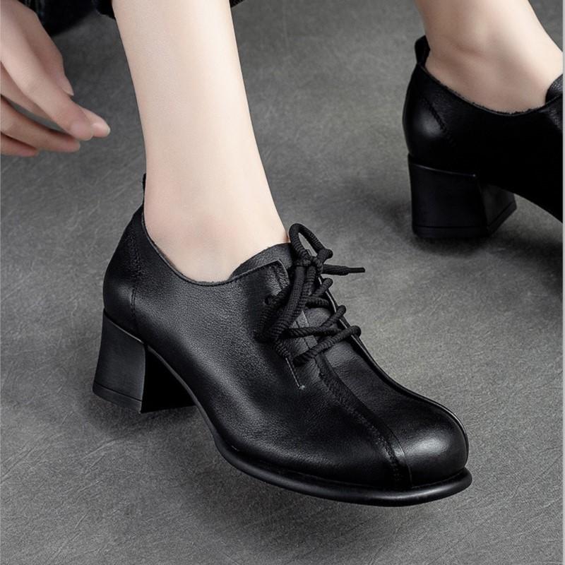 Johnature Женская обувь в стиле ретро, однотонные туфли-лодочки на среднем каблуке, туфли из натуральной кожи с круглым носком на шнуровке ручной работы