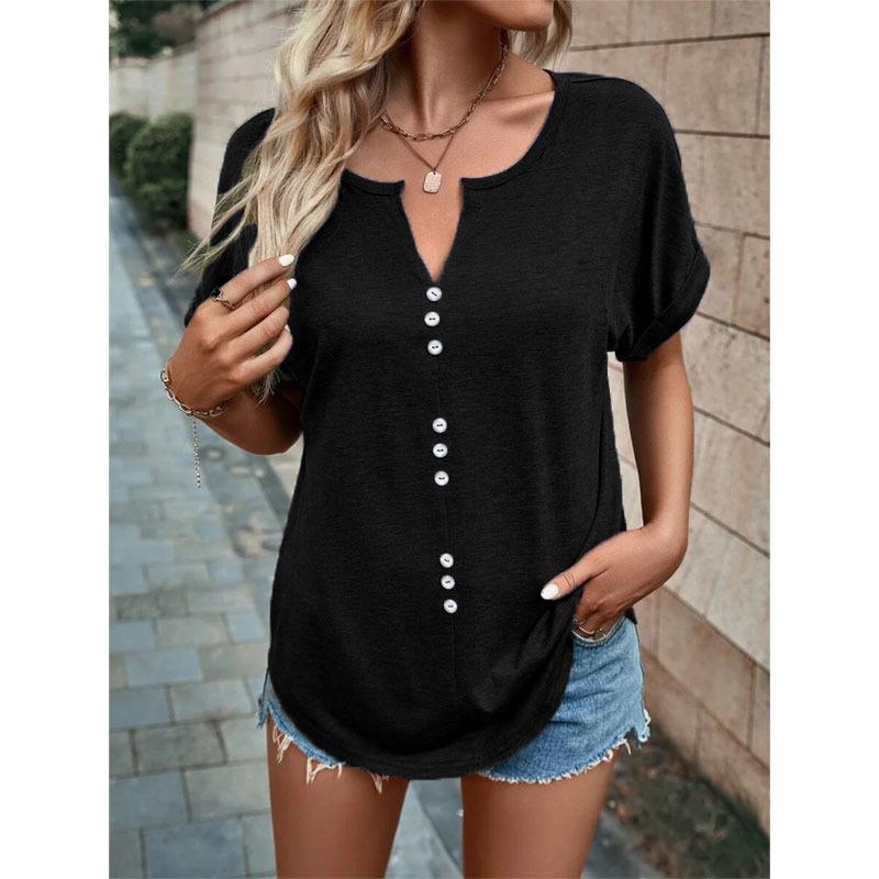 Summer Women's T-shirt V-neck Button Short Sleeve Top