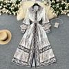 Spring Autumn Women Vintage Palace Print Single Breasted Ankle Length Holiday Party Shirt Dresses with Belt