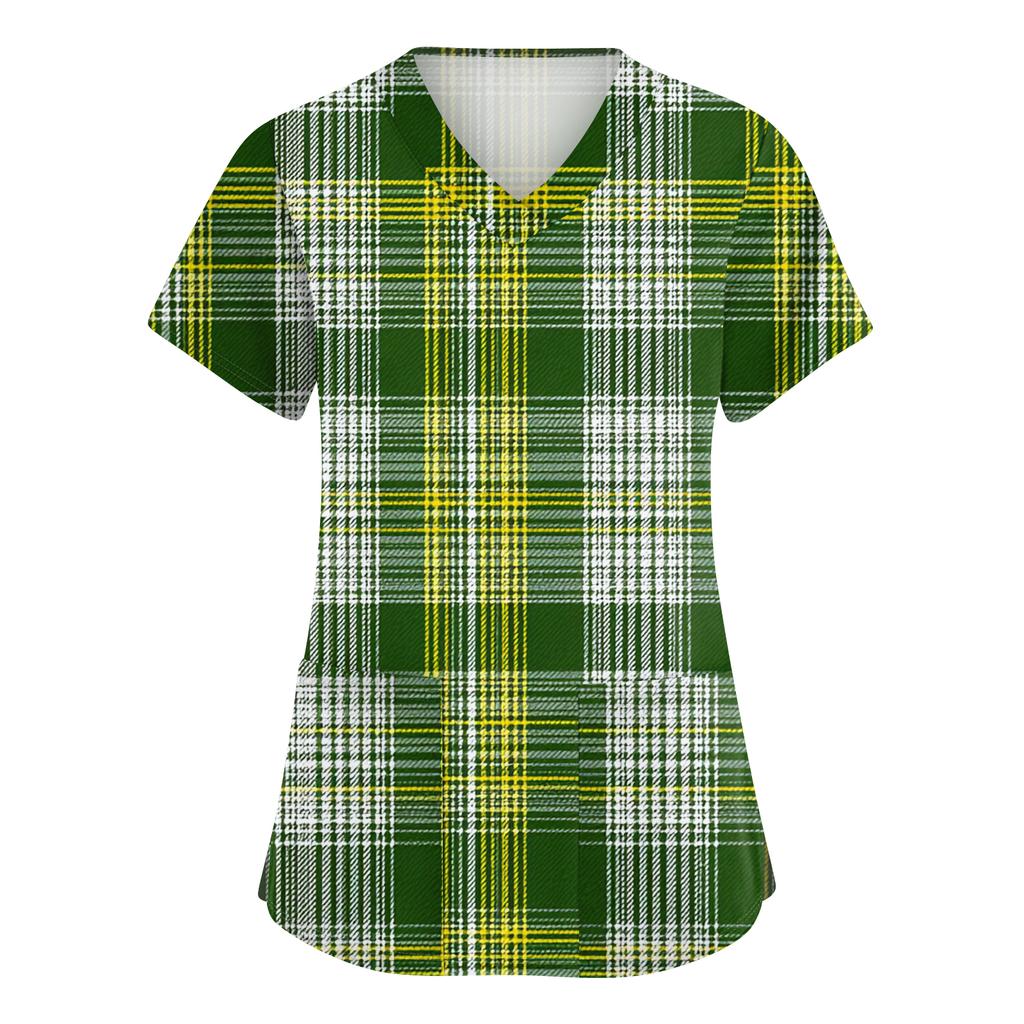 Ladies' St. Patrick Print Fashionable V-neck Pocket Short Sleeved Uniform And Caregiver Top