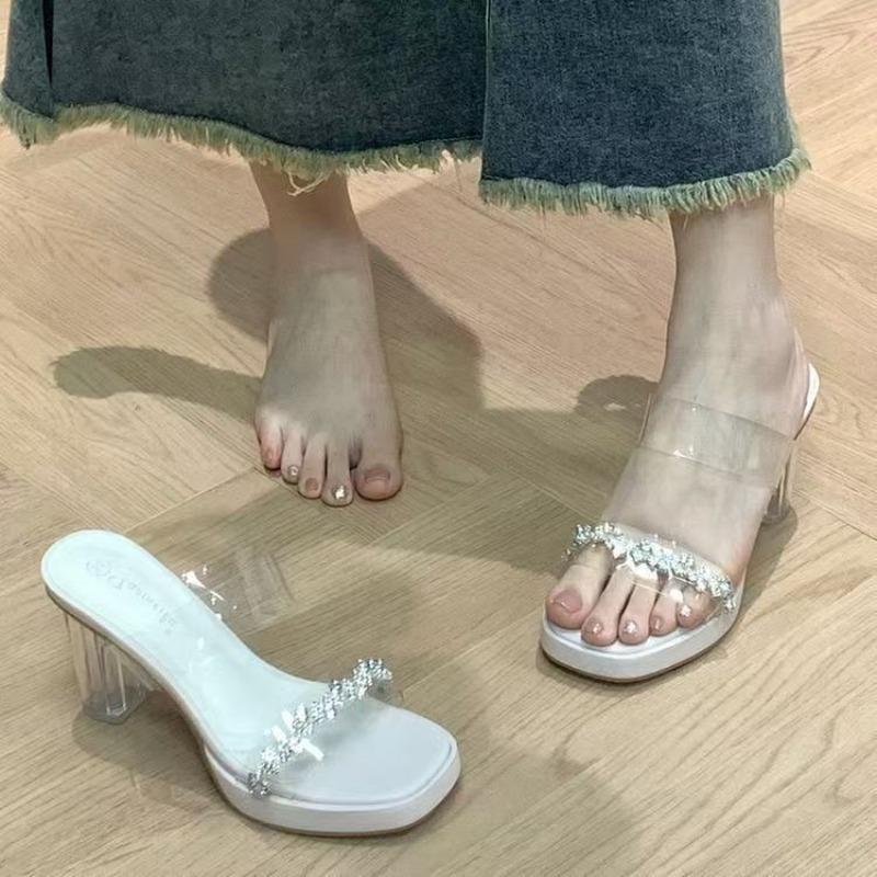 Crystal thick heel sandals women's new summer rhinestone transparent word with high heels sexy cool slippers