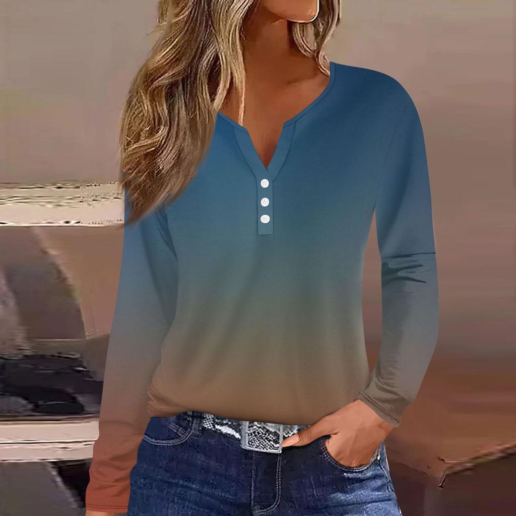 Женская модная повседневная футболка с v-образным вырезом и длинными рукавами и декоративными пуговицами, топ