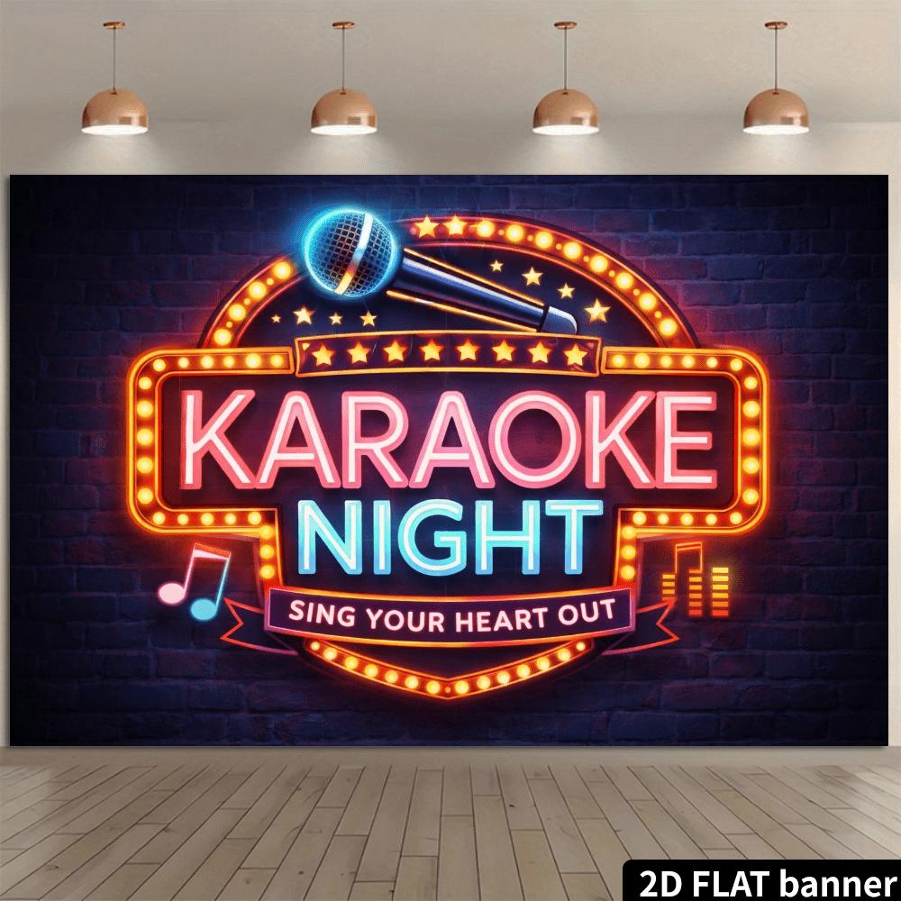 2D retro karaoke night flag background  neon effect microphone and scattered star recording pattern
