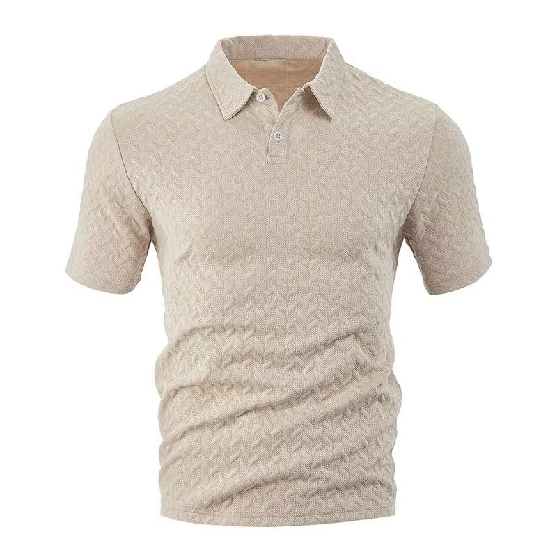 Весна-лето мужская жаккардовая рубашка поло с коротким рукавом, плотная повседневная футболка с отложным воротником и застежкой на пуговицы