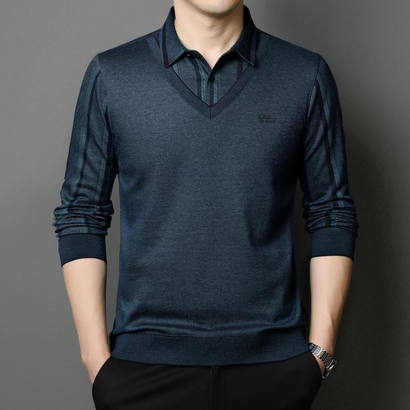 Men's Sweater Fake Two-piece Autumn New Shirt Collar Sweater Casual Men's Middle-aged Fashion Simple Pullover