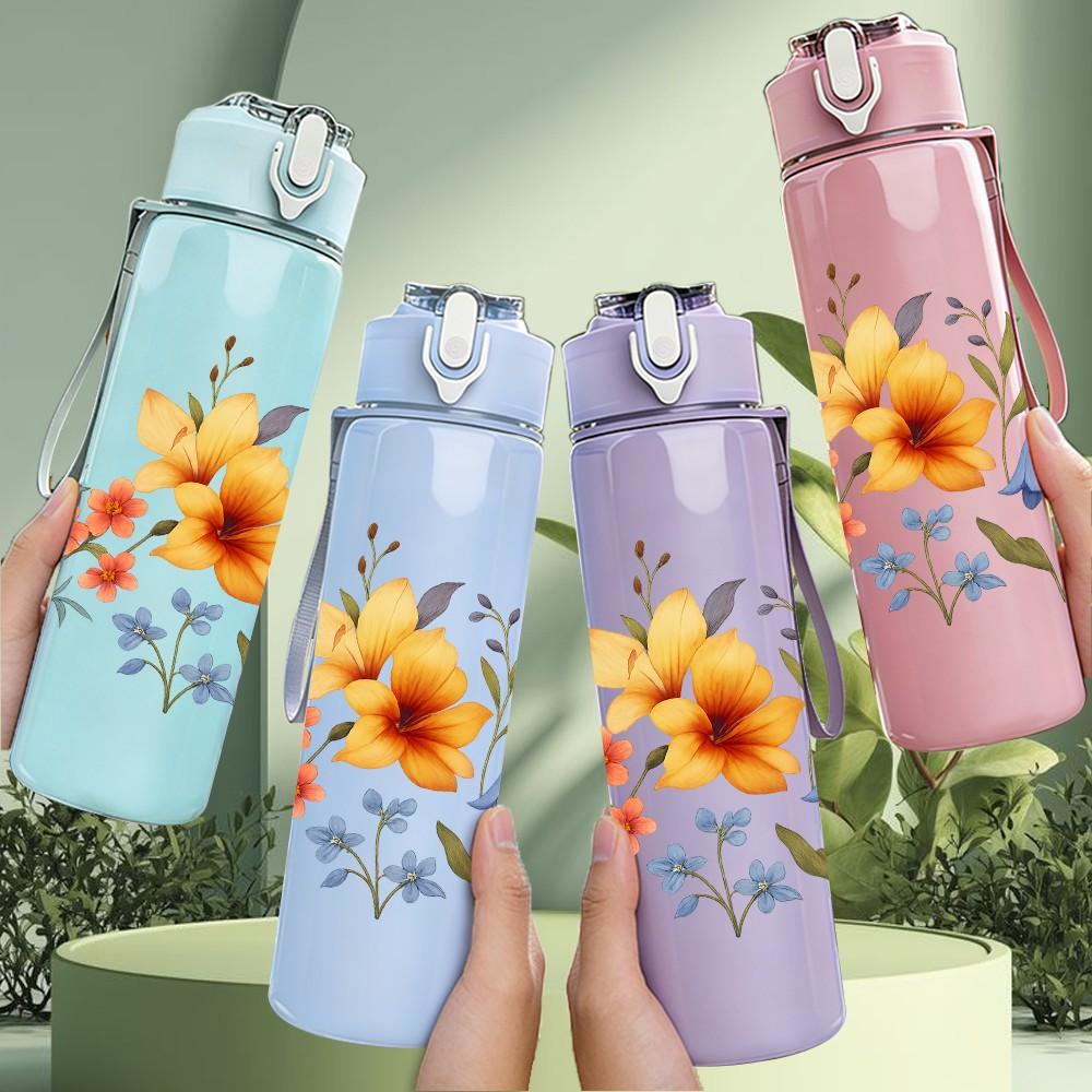 1PC Wild Floral Bouquet Art Print 750ml Color Plastic Sports Water Bottle Leakproof Flip Straw Lid Suitable for Sports Office Home Use