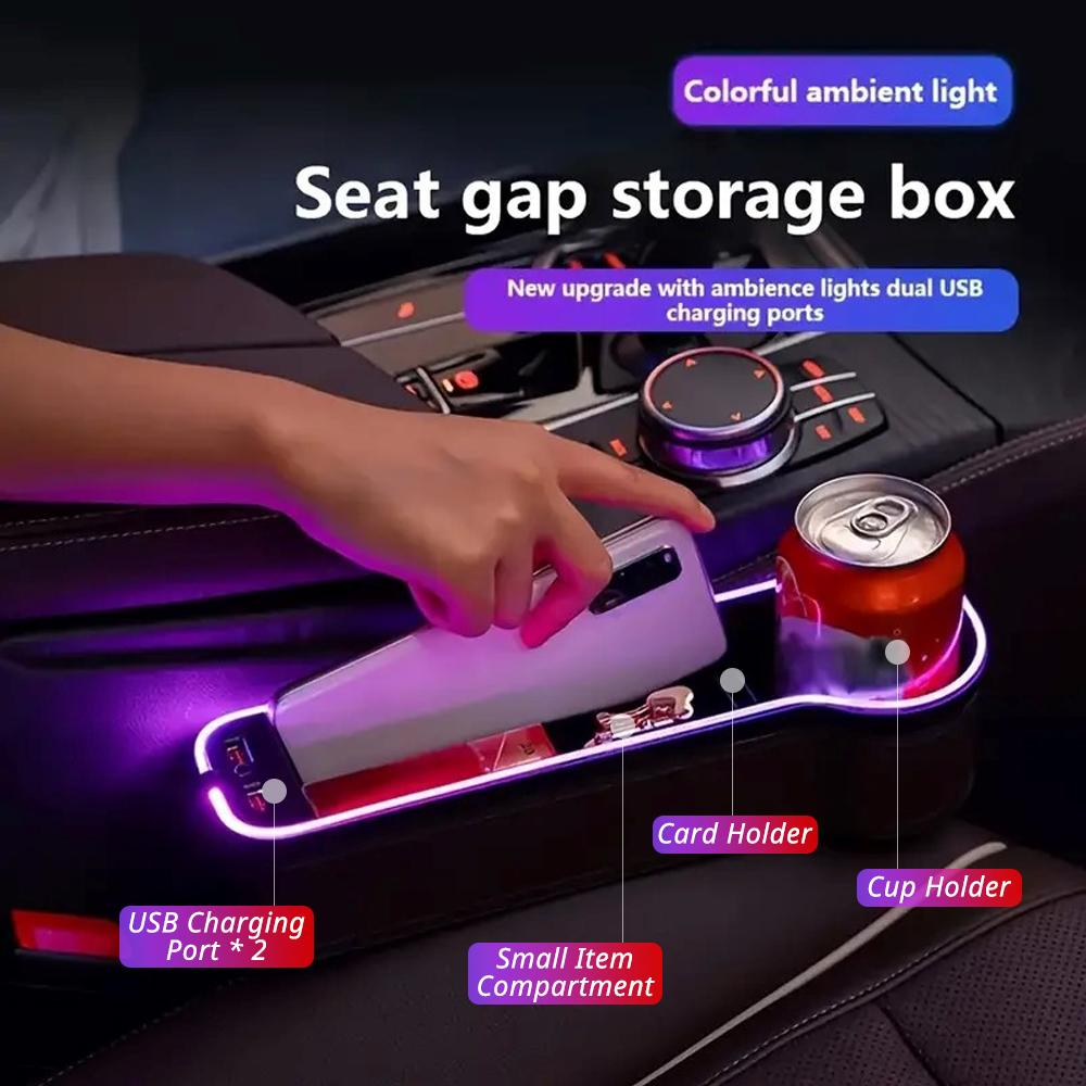 Car Seat Gap Organizer with LED Ambient Light Cup Holder Storage Box and 30W Dual USB Charging for Front Console Accessories