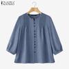 Women Casual Round Neck Loose 3/4 Sleeve Solid Blouse