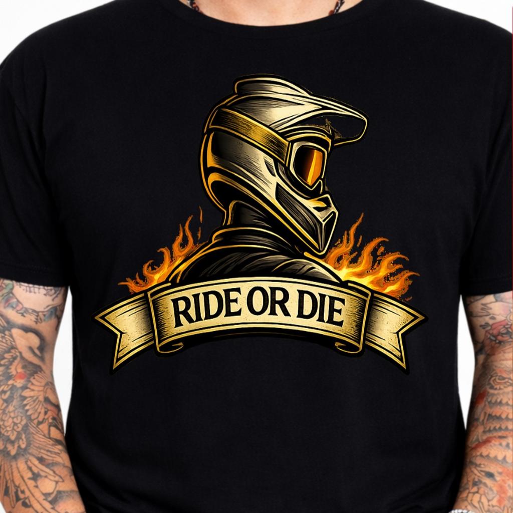 Ride or Die Motocross Helmet T-Shirt Flaming Biker Motorcycle Graphic Tee .