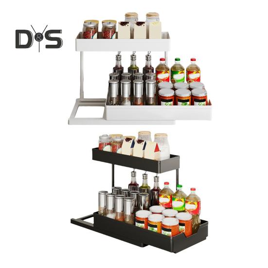 Выдвижная полка для хранения кухонного шкафа, органайзер под раковиной, большая вместимость, 2 уровня, Г-образная, простая установка, органайзер для хранения