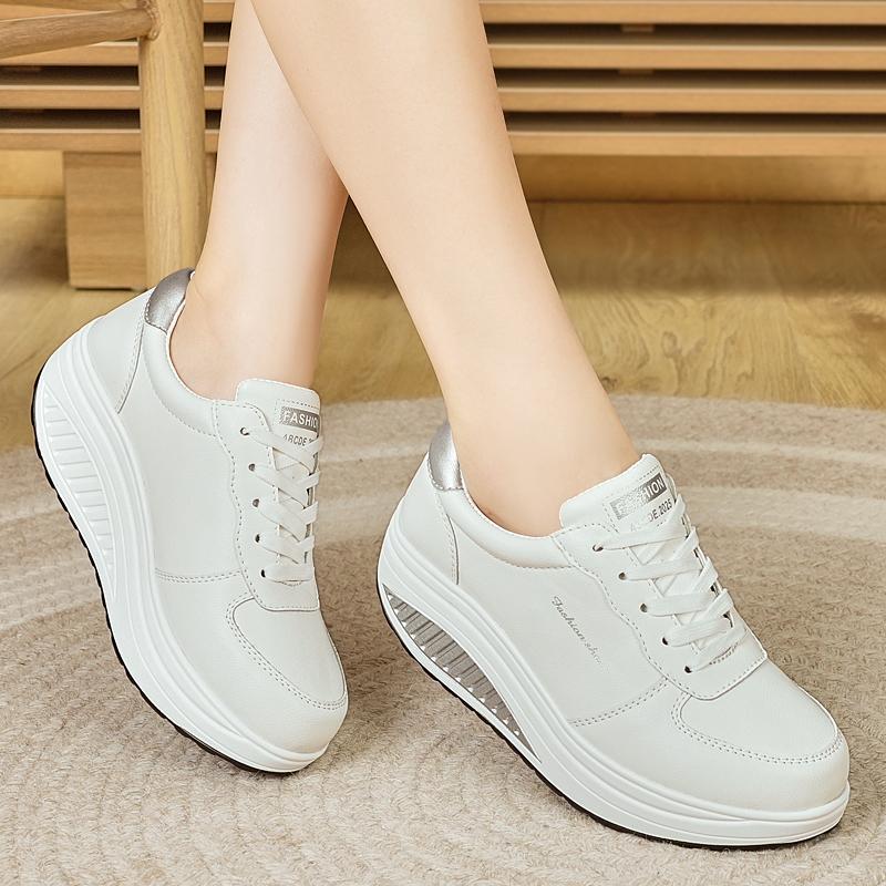 Women Platform Casual White Leather Elevator Shoes Thick Sole Height Increase Sneakers