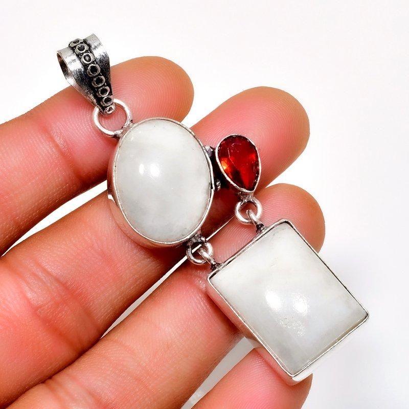Rainbow Moonstone Garnet Gemstone 925 Silver Plated Jewelry Pendant 2.46"