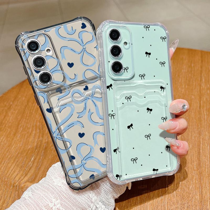 Прозрачный чехол с принтом бантов для Samsung S26 S25 Ultra S24 Plus S23 S22 S21 FE A18 A54 A55 A16 A26 A36 A56 A17 A37 A57 5G с задней крышкой и слотом для карты