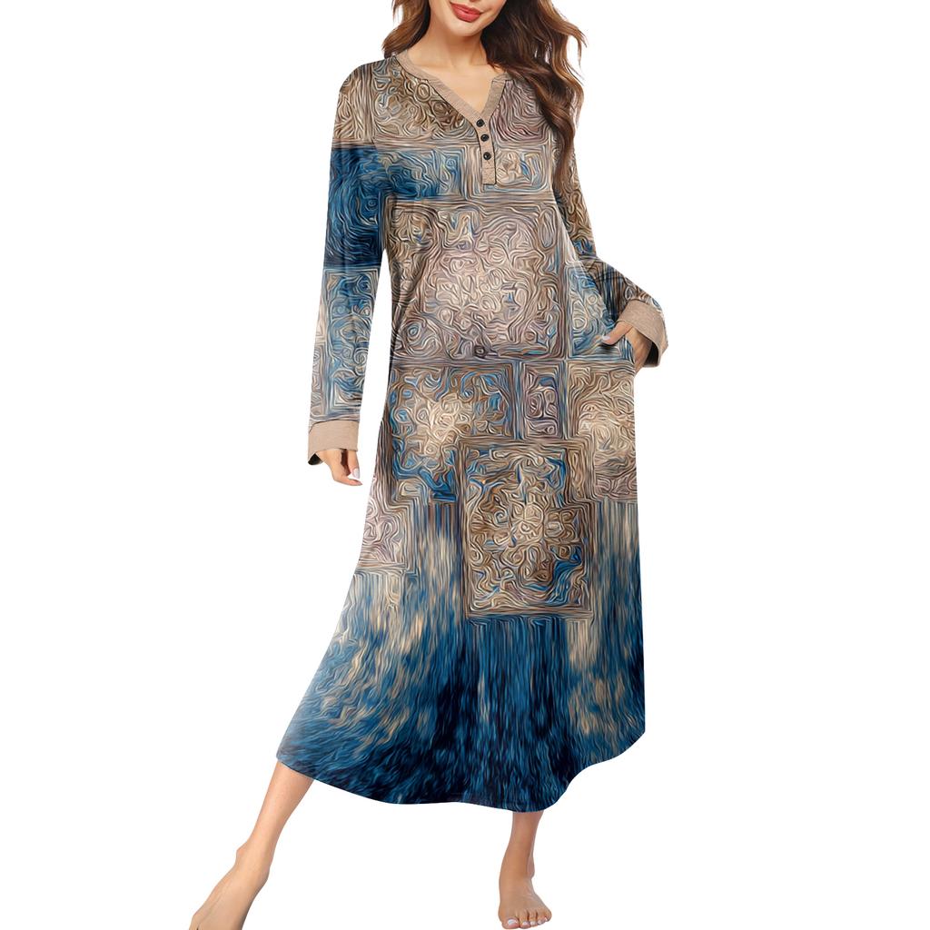 Женская ночная сорочка длинная домашняя одежда с V-образным вырезом и карманами