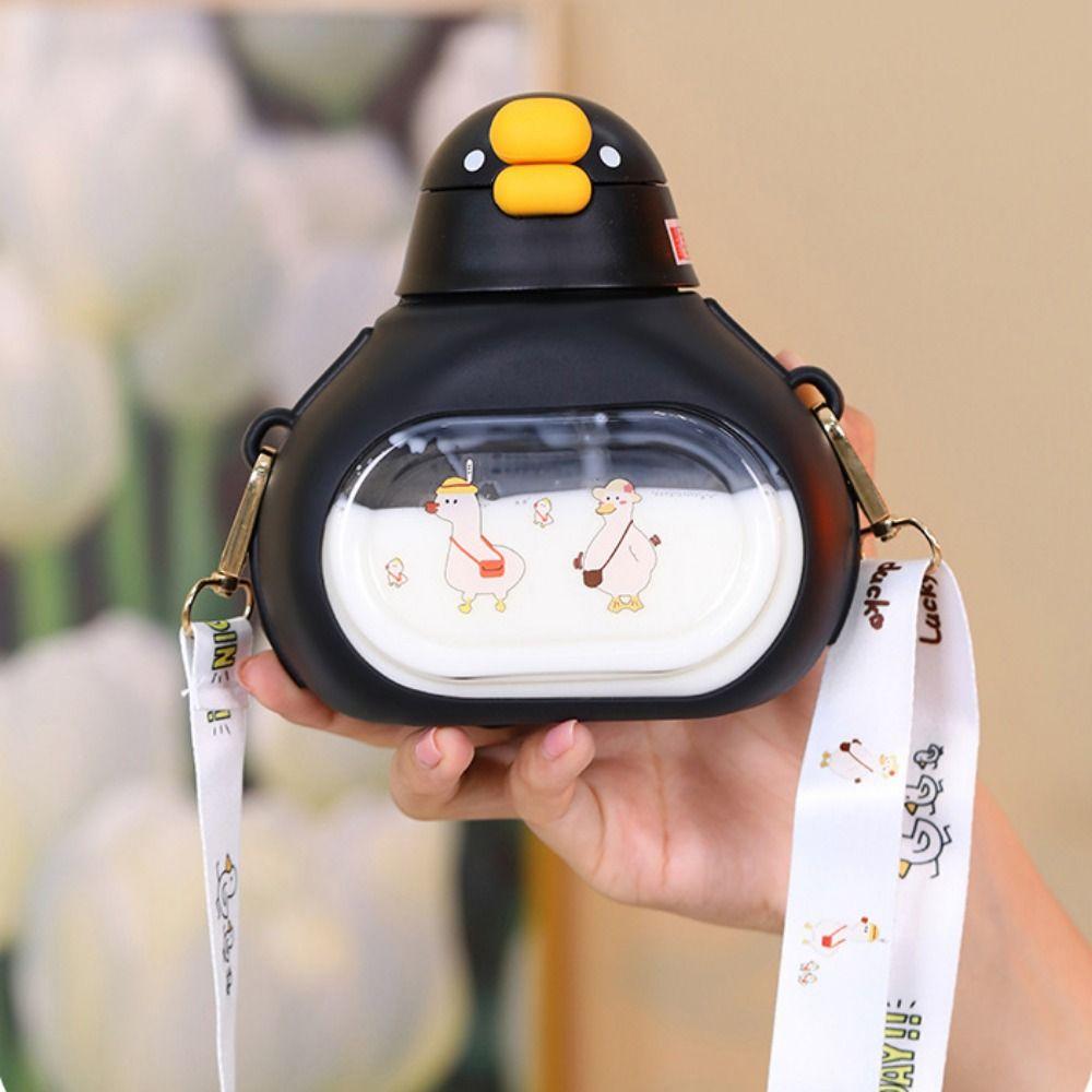 with Straw Cute Duck Bottle Carried with Straps Large-Capacity Big Belly Cup Running