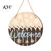 Rustic Entrance Hall Decor Round 2D Wooden Welcome Sign, Farmhouse Christmas Door Hanger with Rope, Deer Winter Porch Sign Tree Bird Wall Plaque