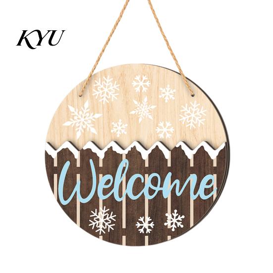 Rustic Entrance Hall Decor Round 2D Wooden Welcome Sign, Farmhouse Christmas Door Hanger with Rope, Deer Winter Porch Sign Tree Bird Wall Plaque