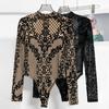Women's Lace Sheer V Neck Long Sleeve T Shirts Tops Bodysuit Jumpsuit Bodycon Rompers Fall Clothes Clubwear Bodysuits