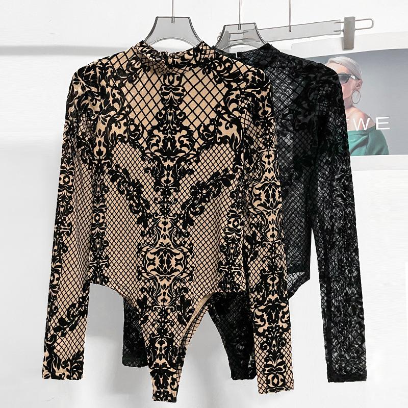 Women's Lace Sheer V Neck Long Sleeve T Shirts Tops Bodysuit Jumpsuit Bodycon Rompers Fall Clothes Clubwear Bodysuits