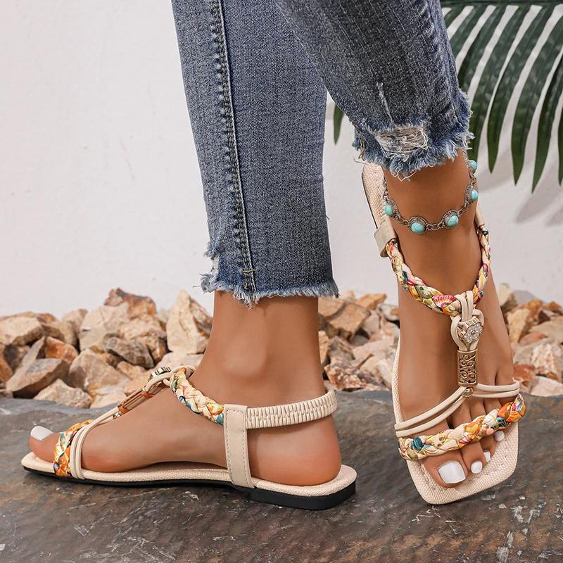 Fashion Flower Beaded Bohemian Sandals Women Square Toe Printing Braided Flat Sandals Woman 2025 Summer Comfortable Beach Shoes
