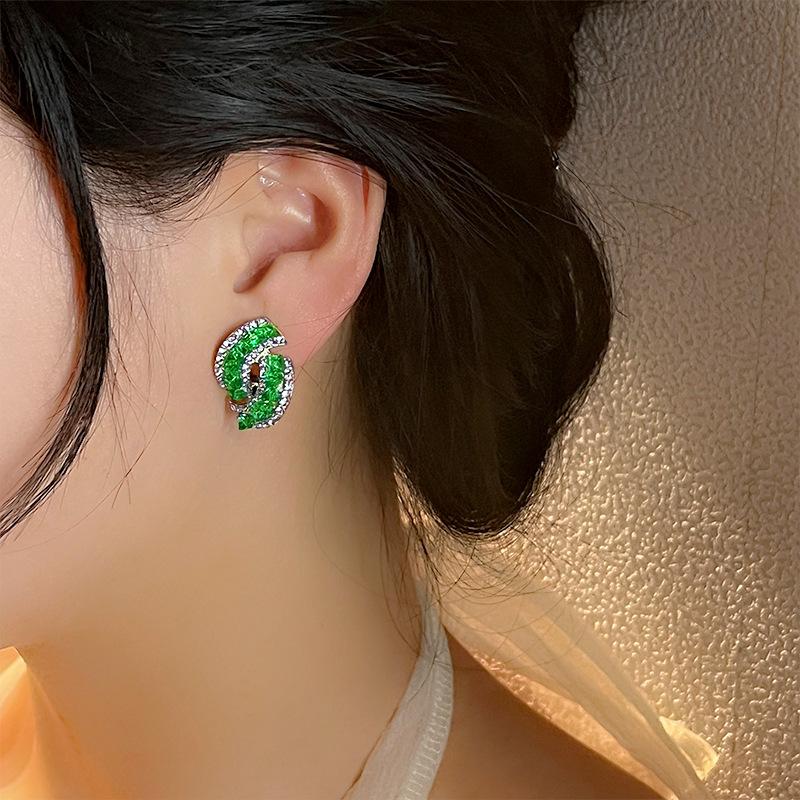 Temperament Emerald Exquisite Niche Design Diamond-Encrusted Geometric Earrings Trendy Light Luxury High-End Stud Earrings