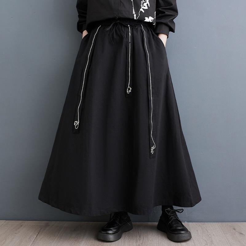 Черная хлопковая винтажная длинная юбка больших размеров с высокой талией, весна-осень-лето, повседневная свободная длинная женская юбка