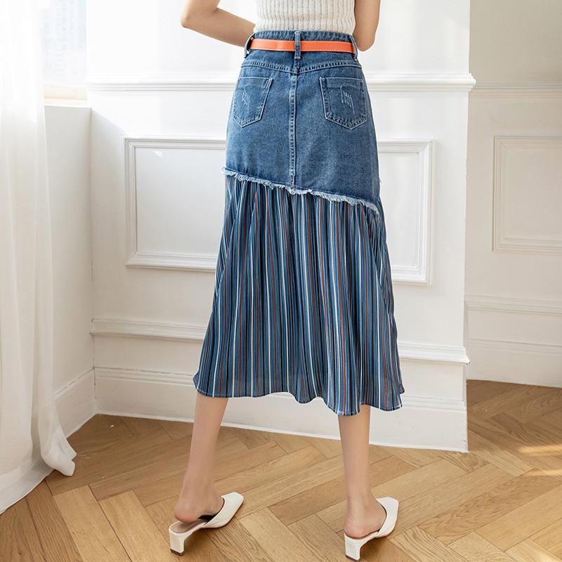 Design Sense Draped and Versatile Chiffon Pleated Stitched Denim Skirt In Spring, Thin and Irregular Medium Length A-line Skirt