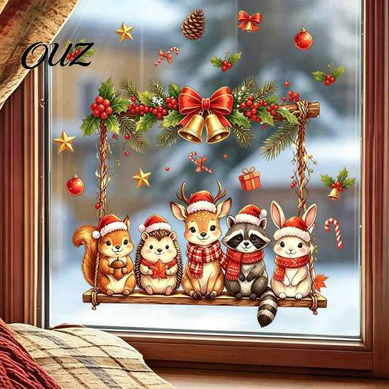 Holiday Glass Decals Christmas Animals Window Decal, Static Cling Removable Sticker, Waterproof PVC Cute Home Party Decor Deer Bunny on Swing