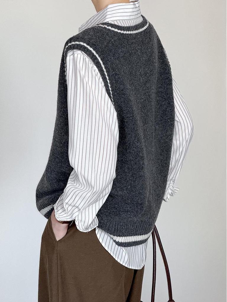 Orange Zhi Retro V-Neck Color Block Knitted Vest - Early Autumn College Girl Style