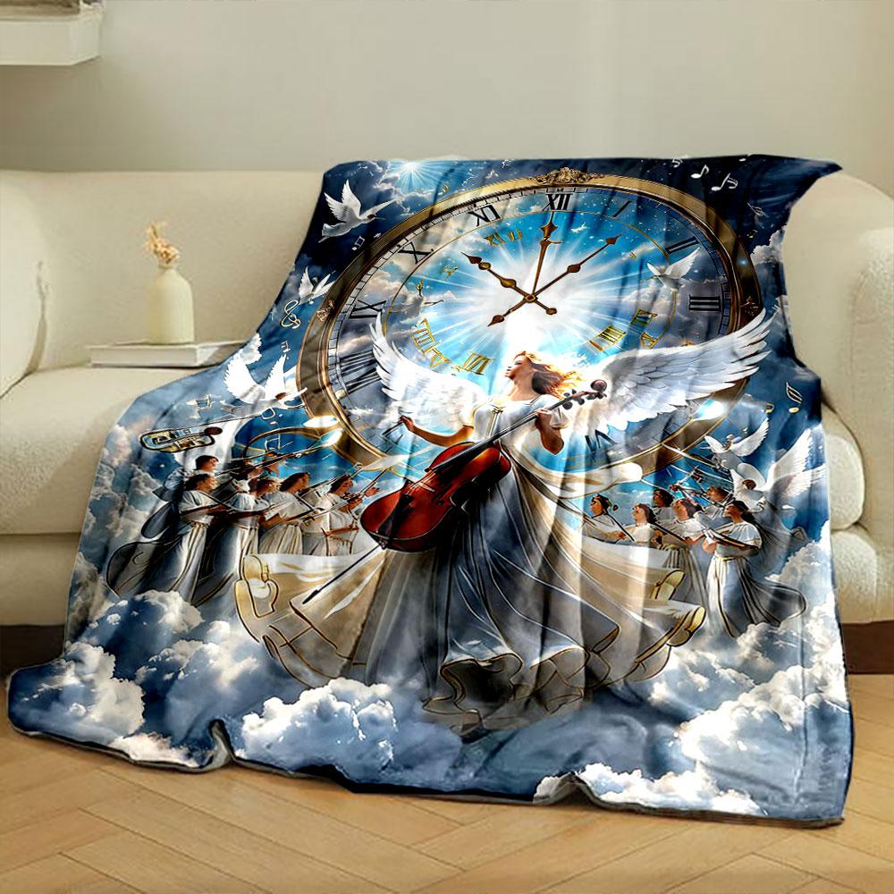 Angel Choir Clock Print Blanket Printed Blanket for Living Room Bed Couch lunch break Soft Cozy Blanket for Friend's festival Gift