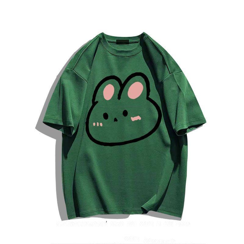 Cotton Cartoon Rabbit Print Short Sleeve T Shirt Loose Fit Unisex Summer