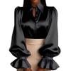 Womens Solid Color Bubble Sleeve Long Turn-Down Collar Satin Blouse Office Chic Elegant Workwear