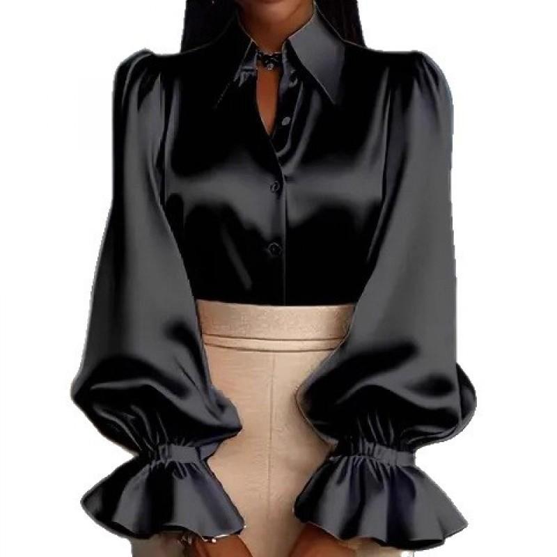 Womens Solid Color Bubble Sleeve Long Turn-Down Collar Satin Blouse Office Chic Elegant Workwear