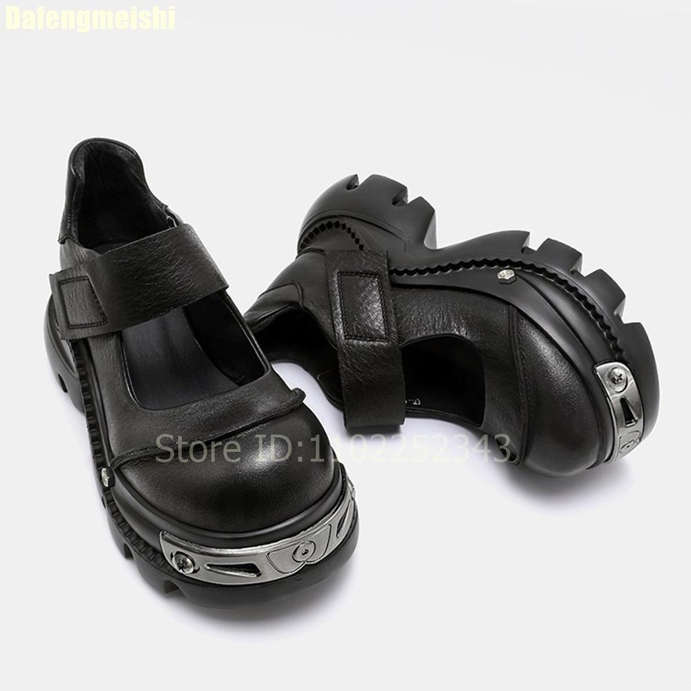 Мода 2025 Новые туфли Мэри Джейн на толстой подошве Женские Панк-стиль Летние С мелким круглым носком Черные кожаные туфли Туфли на платформе