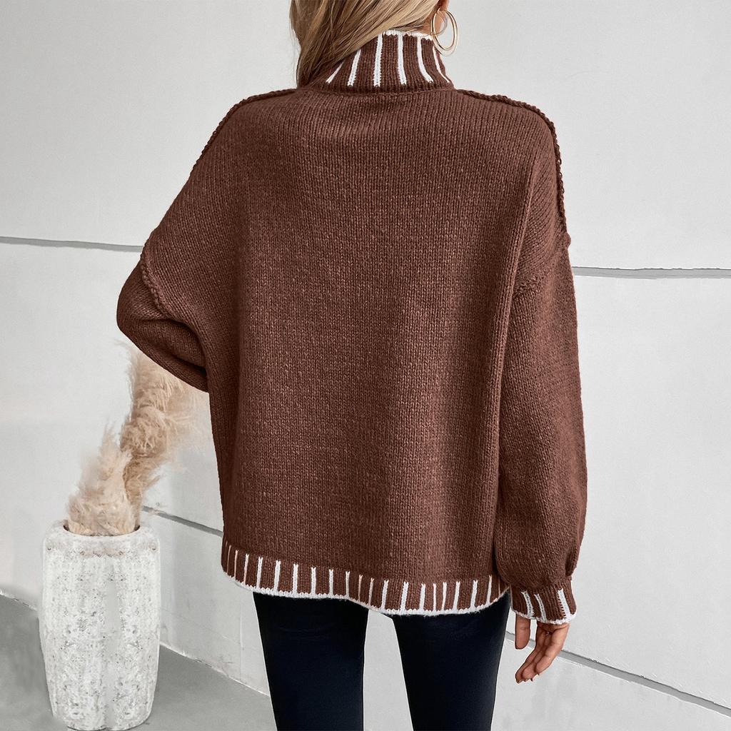 Женский свитер с высоким воротом, трикотажный свитер с полосками, вязаный свитер с косами, осень-зима, длинный рукав, модный, трендовый