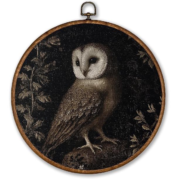 Voxitura Vintage Midnight Owl Fall Wall Art Round Framed, Black Goth Dark Wall Decor Canvas Hanging Living Room, Rustic Gothic Paintings Prints