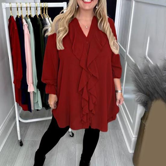 Женская рубашка с V-образным вырезом, длинным рукавом, оборками, повседневная рубашка, однотонные повседневные свободные топы, шифоновая блузка, повседневная одежда
