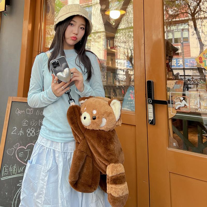 Red Panda Plush Backpack Cute Plushie Doll Women Crossbody Fur Soft Shoulder Bag For Camping Travel Party Female Birthday Gift