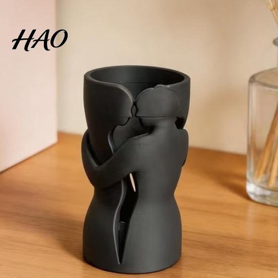 Exquisite Sculptural Floral Display Couple Embracing Abstract Vase, Matte Black Decorative Sculpture, Modern Style Niche Housewarming Anniversary