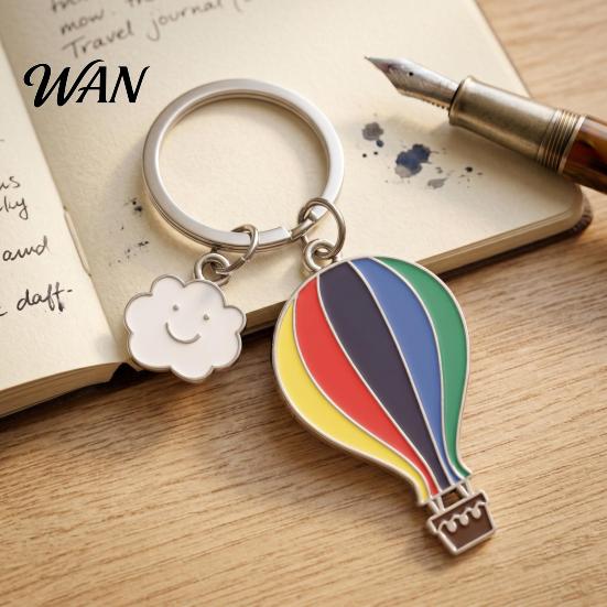 Alloy Keychain with Extension Chain Pendant Enamel Rainbow Hot Air Balloon Charm Key Oil Dripping Color Holder Smiling Cloud Decorative Backpack