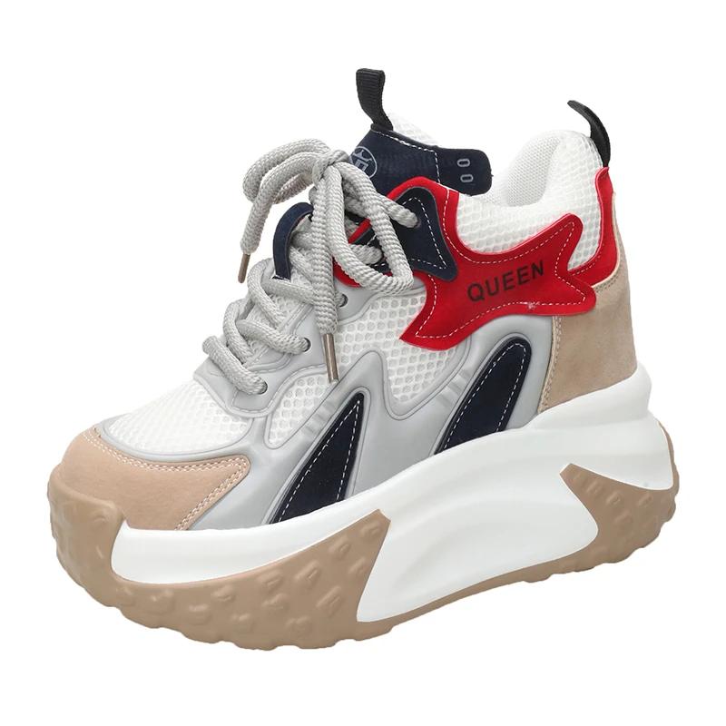Модные Новые 10см Модные и Универсальные Кроссовки на Толстой Подошве для Осени 2025 Новые Сетчатые Дышащие Повседневные Спортивные Женские Кроссовки на Шнуровке