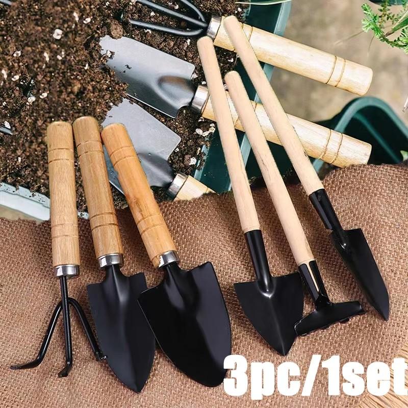 3Pcs/Set Mini Gardening Tools Set | Portable Shovel & Rake Kit with Wooden Handles for Indoor Planting, Soil Loosening