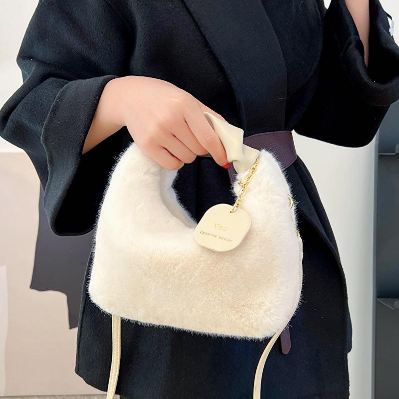 Yogodlns Women Faux Fur Plush Handbags Ruched Handle Small Lady Shoulder Crossbody Bag Casual Half-Moon Hobos Winter Bags for Women