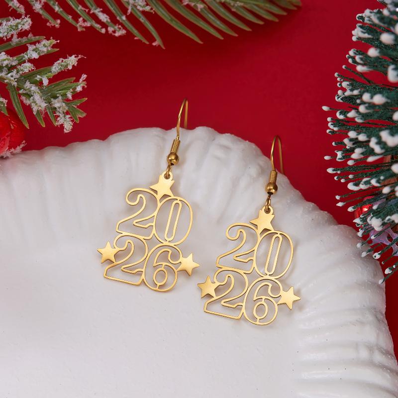 Минималистичные серьги-подвески из нержавеющей стали с номером 2026 для женщин и мужчин, золотого цвета, в виде звезды и сердца, ювелирное украшение в подарок на Новый год