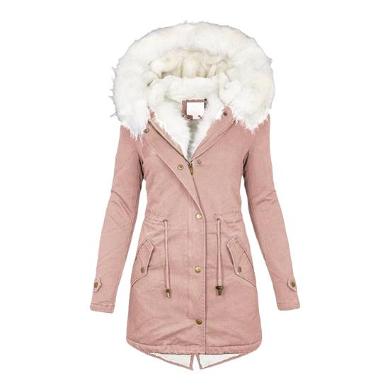Women Winter Cotton Coat Plus Size Faux Fur Hood Fleece-lined Zip-up Press Button