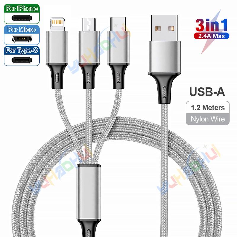 2.4A Макс. 3 в 1 USB-кабель для быстрой зарядки Lightning-кабель для iPhone Type C Кабель для зарядки мобильного телефона для Xiaomi Samsung USB Micro